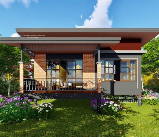 แบบบ้านชั้นเดียวสไตล์โมเดิร์น  พร้อมระเบียงนั่งเล่นหน้าบ้าน