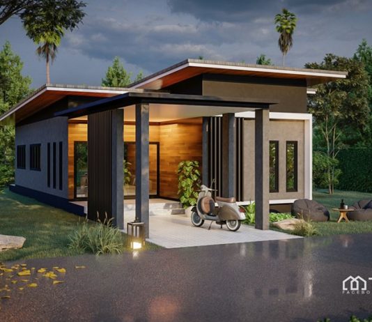 แบบบ้านชั้นเดียวสไตล์โมเดิร์น ผสมปูนเปลือยแนวลอฟท์ พื้นที่ 110 ตรม