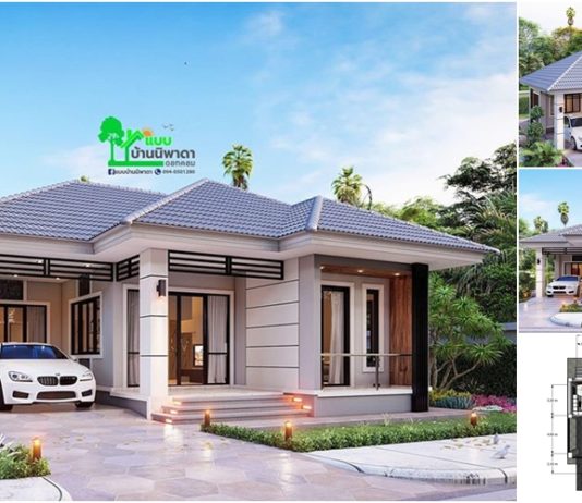 แบบบ้านพักทรงปั้นหยา 3 ห้องนอน 2 ห้องน้ำ พื้นที่ใช้สอย 110 ตารางเมตร