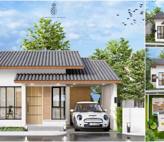แบบบ้านทรงจั่วเล็กน่ารัก 1 ห้องนอน 2 ห้องน้ำ พื้นที่ใช้สอย 55 ตารางเมตร